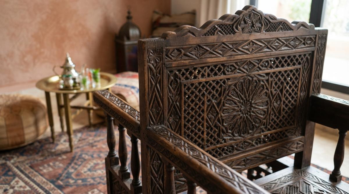 Close-up of an intricately hand-carved wooden Moroccan chair with geometric lattice patterns, showing the detailed craftsmanship and texture of the carved wood