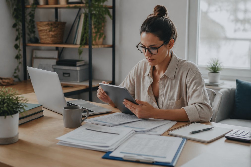 Gig worker freelancer reviewing mortgage pre-approval documents and financial statements on tablet at home office desk with laptop, coffee, and organized papers nearby in natural daylight