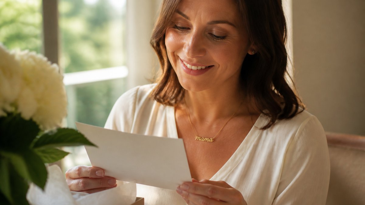 Woman wearing a delicate personalized name necklace, smiling while holding a handwritten note, warm natural lighting filtering through a window