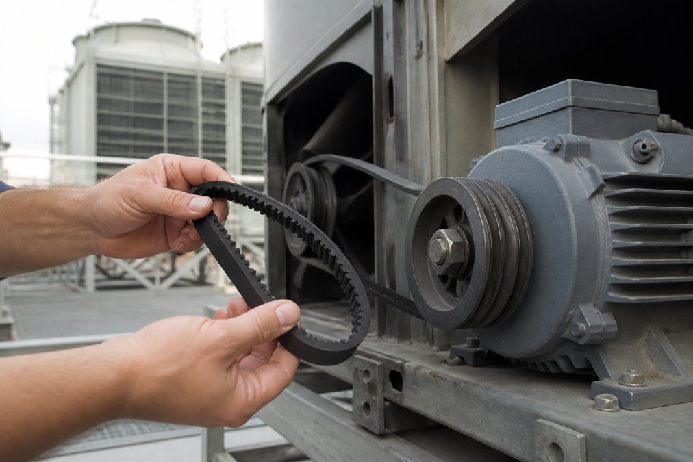 HVAC technician's hands inspecting a cogged V-belt on a commercial cooling tower unit, motor and pulley system visible in background