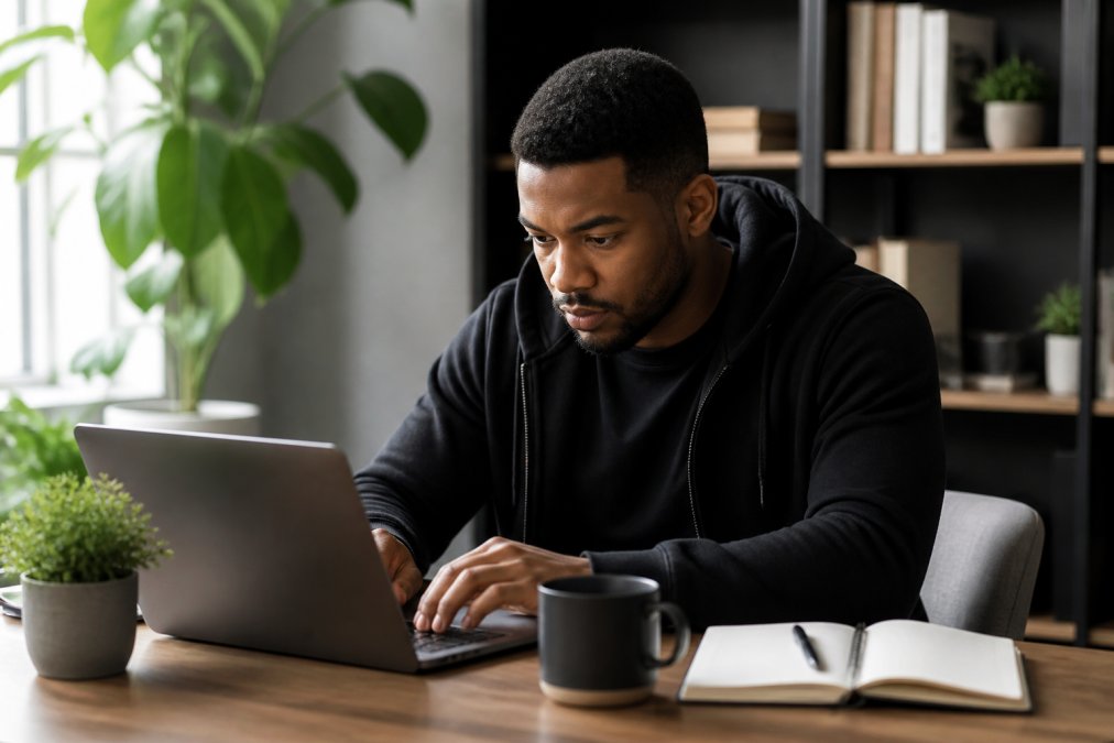 A young entrepreneur wearing a black motivational t-shirt and hoodie, working on a laptop at a desk with a notebook and coffee, in a bright home office setting
