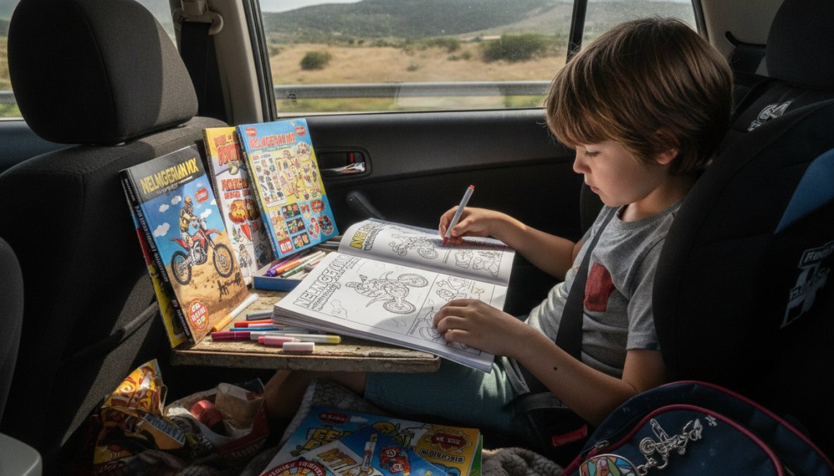 Child sitting in car backseat during a road trip, holding a motocross activity book and coloring with markers, with various activity books and supplies visible on the seat nearby