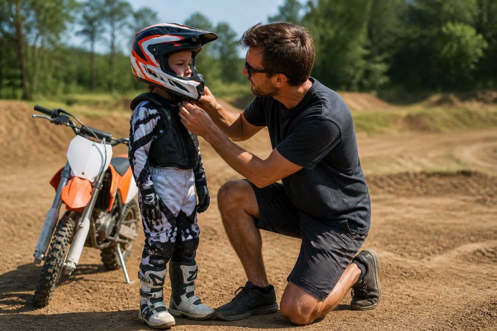 A toddler wearing a full-face helmet, chest protector, and motocross jersey standing next to a small dirt bike, with a parent kneeling beside them adjusting the helmet strap. Bright outdoor setting, dirt track background