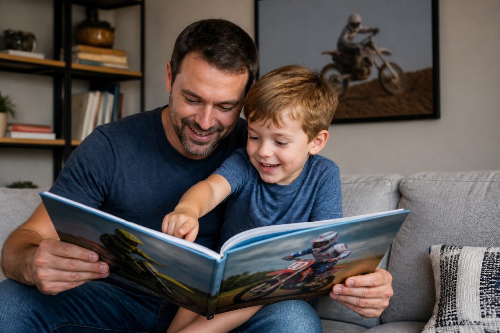 A parent reading a colorful children's storybook aloud to a young child sitting on their lap, both smiling and pointing at the pages in a cozy living room