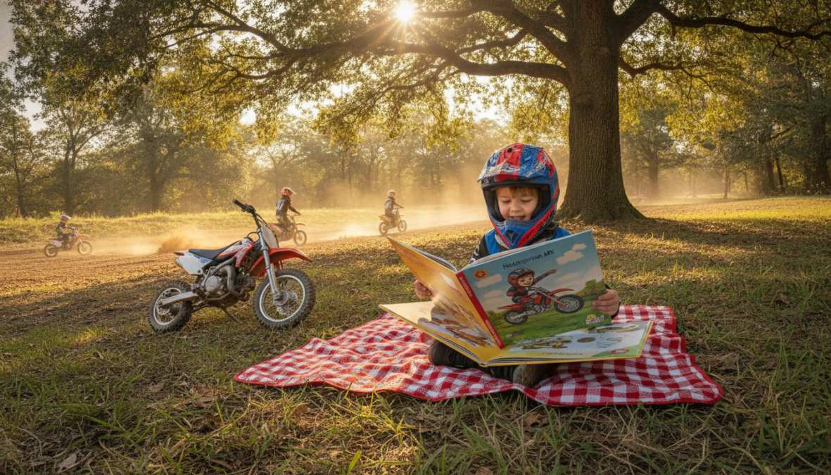 Young child reading a motocross storybook outdoors near a dirt bike track with sunlight on the pages and an engaged, focused expression