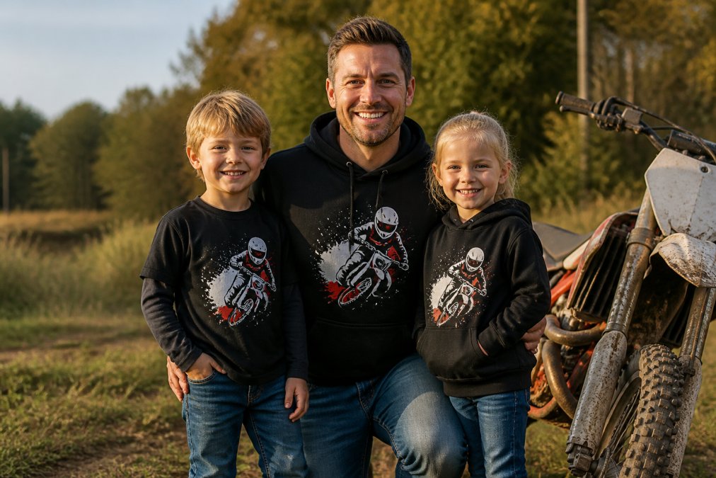 A father and two young children wearing matching motocross-themed hoodies and tee shirts, standing near a dirt bike in a grassy outdoor setting, all smiling at the camera in warm afternoon sunlight
