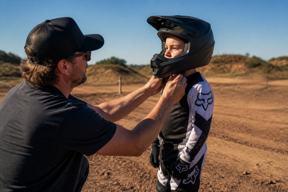 A parent kneeling beside a young child dressed in motocross casual apparel and a helmet, carefully checking the fit and adjusting the collar before a ride on a packed dirt track, with warm natural light and a clear blue sky in the background