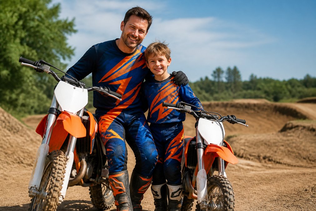 A father and child in coordinated motocross jerseys posing with dirt bikes at a sunny track, showing bold complementary colors and clean gear