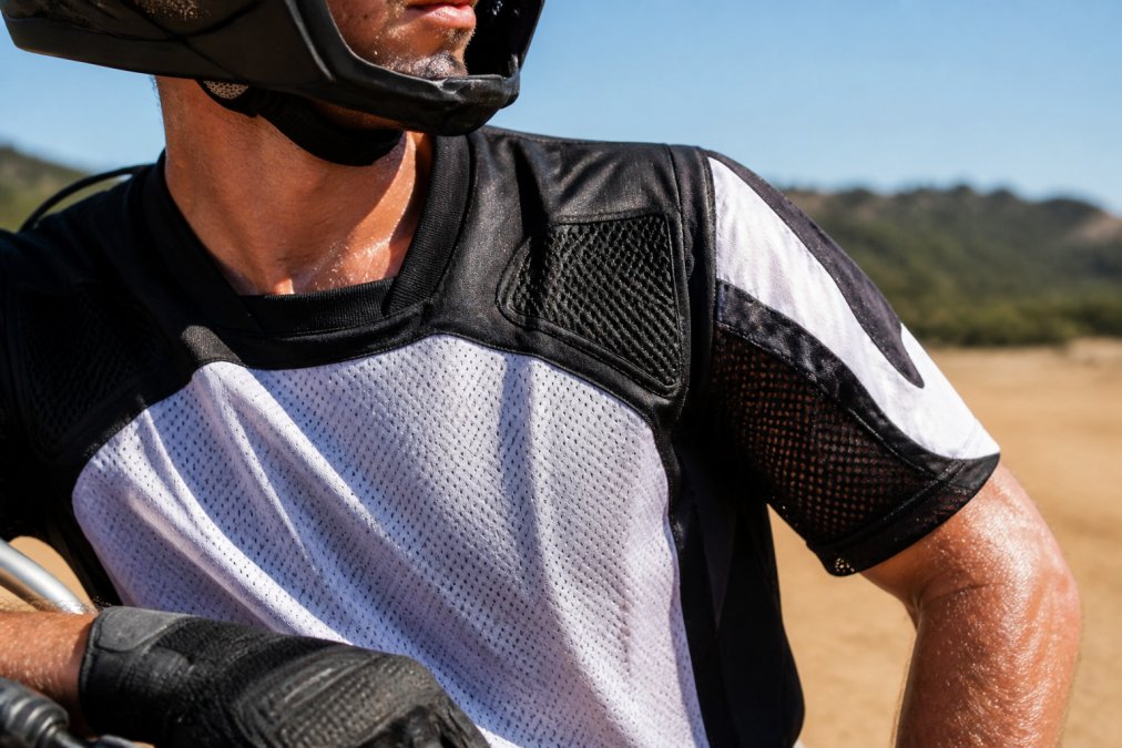 Close-up of a motocross rider wearing mesh-paneled summer gear in bright sunlight, showing visible ventilation sections on chest and shoulders with sweat visible on exposed arms