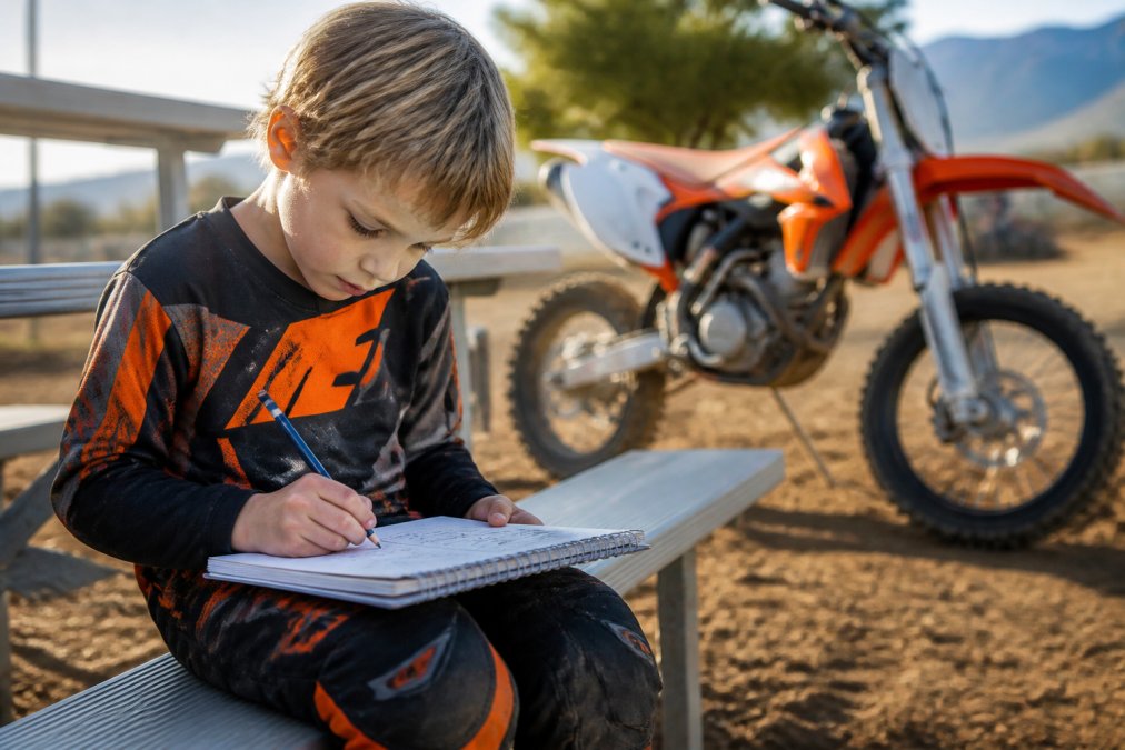 Young child sitting outdoors on a bench with a motocross training journal, writing notes and sketching after a practice session, with a dirt bike visible in the background under afternoon sunlight