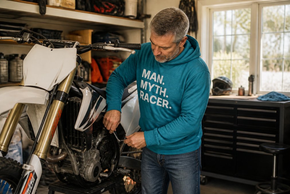 Older dad wearing a comfortable motocross hoodie while working on his dirt bike in a well-organized garage workshop with natural lighting streaming through windows