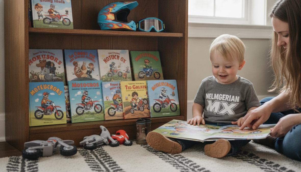Professional illustration showing toddler and sitting and parent's concepts for best motocross storybooks for toddlers