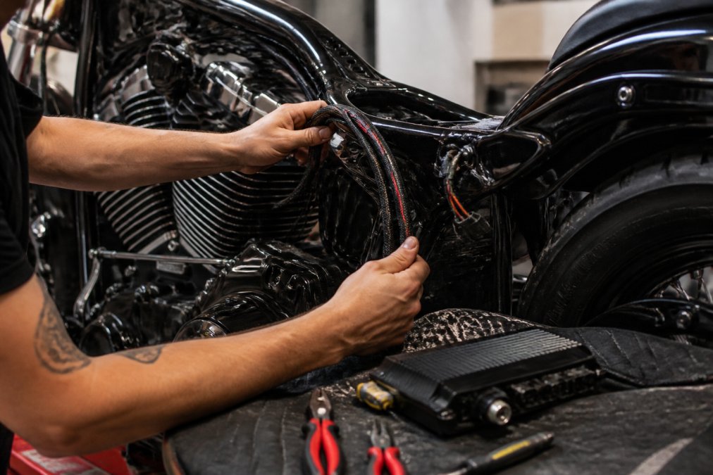 Mechanic routing a wiring harness for a motorcycle audio amplifier along a cruiser frame in a garage