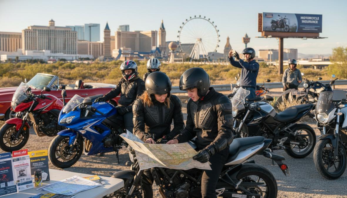 A young adult new rider wearing a full-face helmet and armored riding jacket sitting confidently on a dark blue cruiser motorcycle in a sun-drenched Las Vegas parking lot with palm trees and clear sky in the background