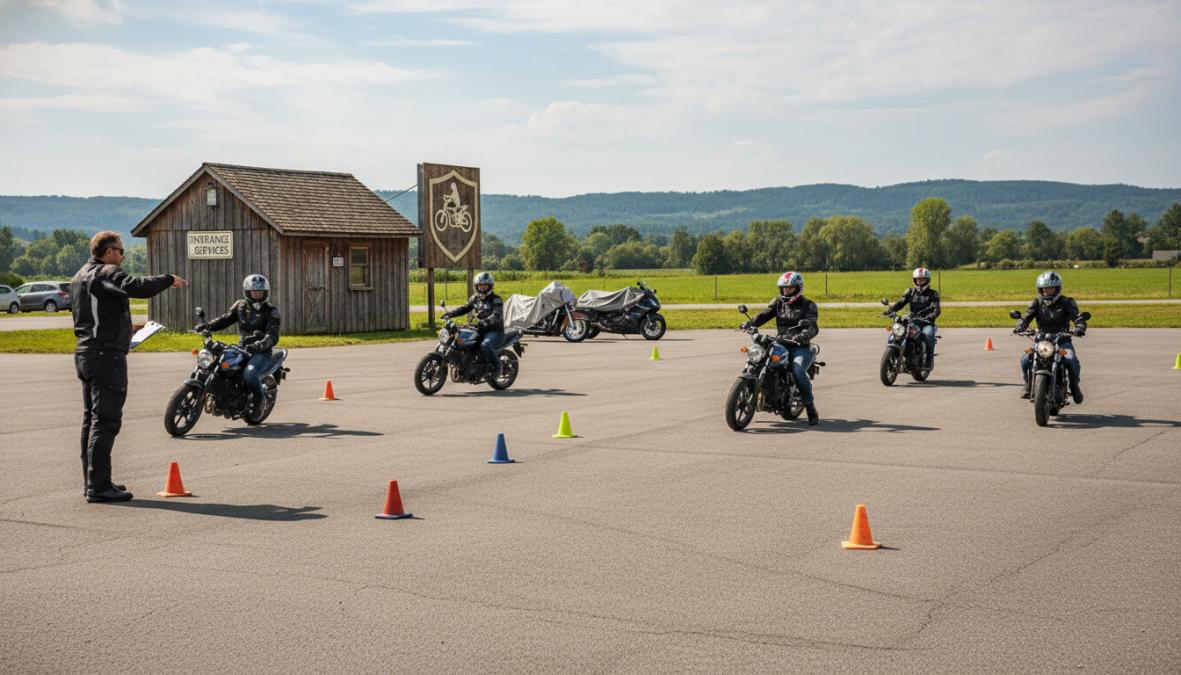 A group of beginner motorcycle riders in full safety gear practicing slow-speed figure-eight maneuvers on a brightly painted training course, with a certified instructor in a high-visibility vest observing from the sideline on a clear sunny morning