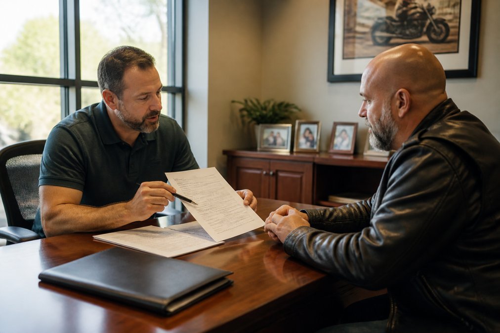 Insurance agent sitting at desk with customer reviewing motorcycle insurance policy documents and discussing coverage options, warm office lighting