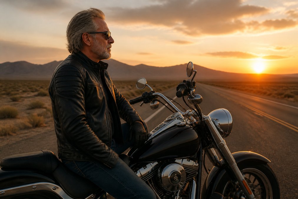 A man in his 50s wearing a black leather cruiser motorcycle jacket, sitting on a classic American cruiser bike on an open desert highway at sunset, relaxed upright riding posture, warm golden light