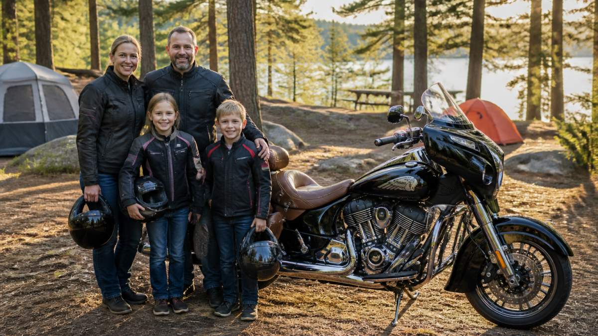 A family with two children standing next to a parked Indian Motorcycle at a scenic campground, smiling and wearing riding gear, with tents and pine trees in the background under warm afternoon light