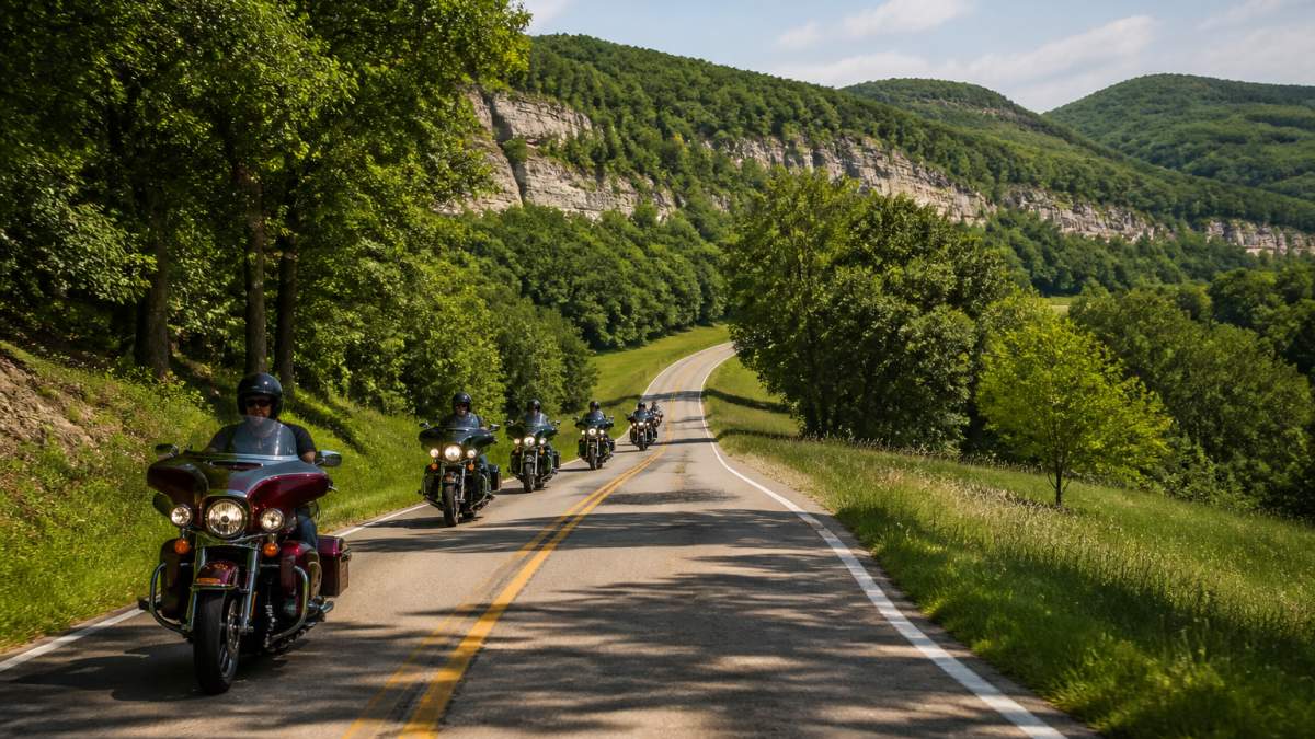 Motorcyclists riding through the green Driftless Area, one of the best motorcycle rides in Wisconsin.