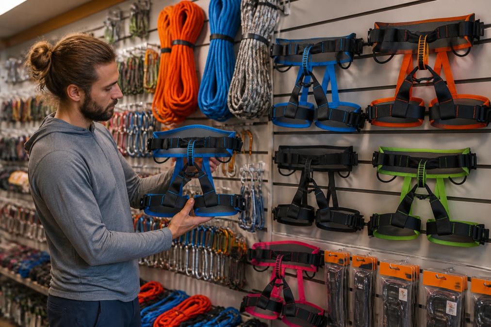 Professional climber examining climbing harnesses, dynamic ropes, and carabiners on shelves in a well-organized outdoor retail store, with safety certification labels visible on product packaging under bright shop lighting