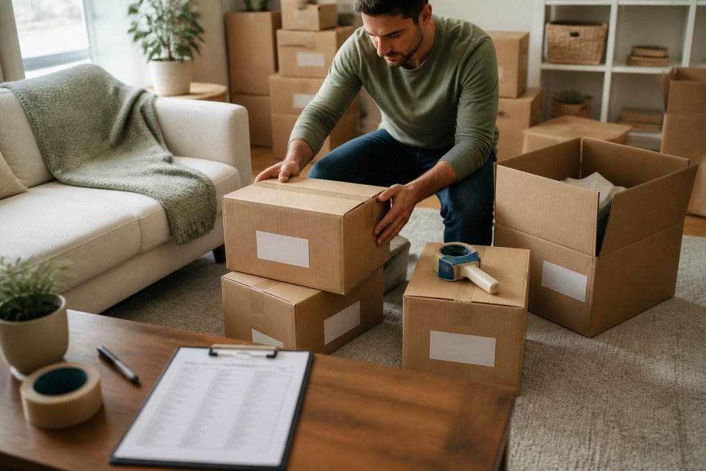A person in casual clothes placing labeled cardboard boxes and packing tape on a living room floor, with a moving checklist clipboard visible on a nearby table