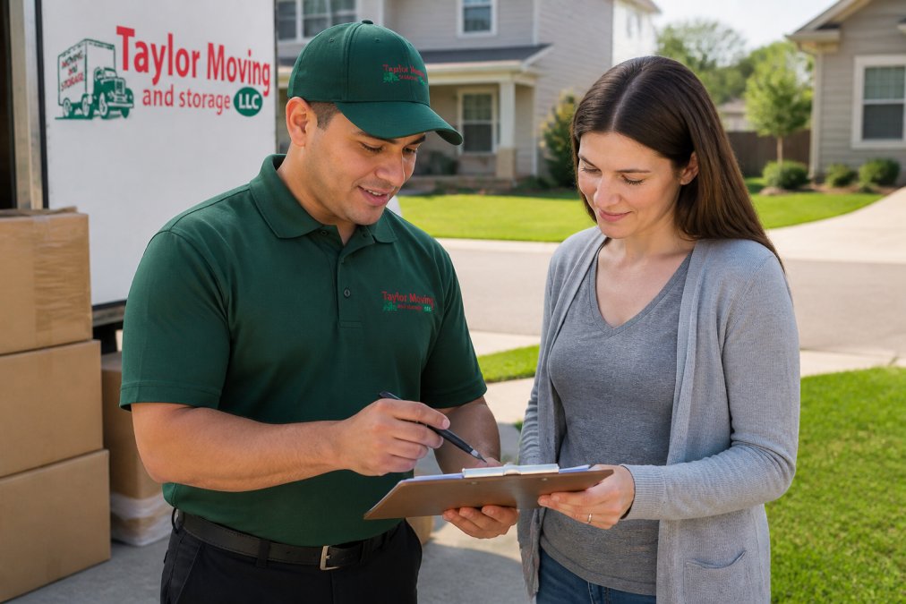A professional mover in uniform reviewing a clipboard with a customer in front of a house in a suburban Colorado neighborhood, both looking at paperwork together