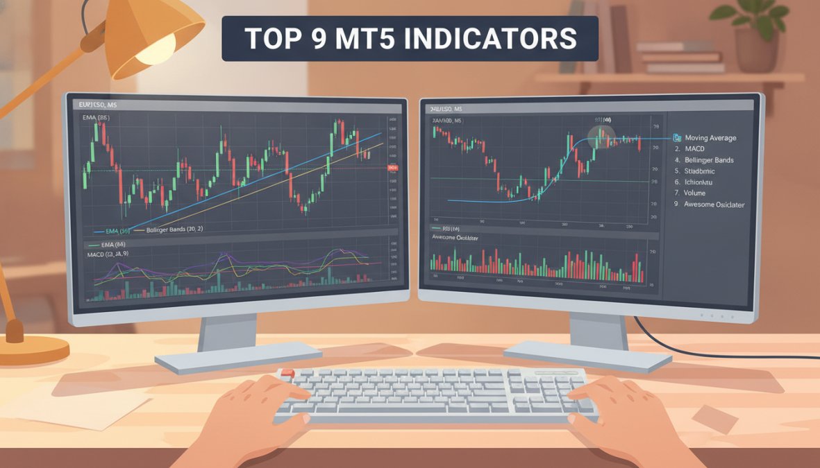 Close-up of a trader's dual-monitor setup showing a MetaTrader 5 chart with multiple colored indicator lines, hands resting on a mechanical keyboard, in a focused home trading office with warm desk lamp lighting