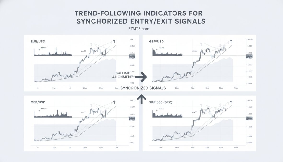 Four MT5 charts displayed side-by-side showing EUR/USD, GBP/USD, Gold, and S&P 500 with synchronized MACD and Ichimoku indicators all showing bullish alignment above clouds