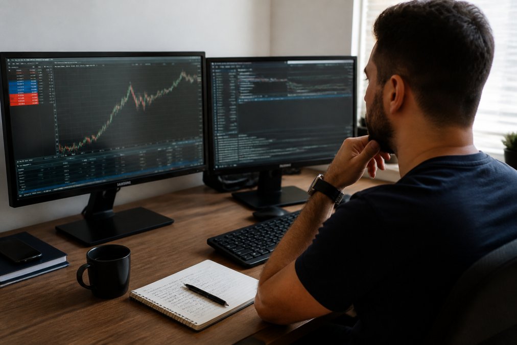 A focused trader at a clean desk with a dual-monitor setup showing the MetaTrader 5 platform, a notebook with handwritten notes, and a coffee mug nearby in a home office setting