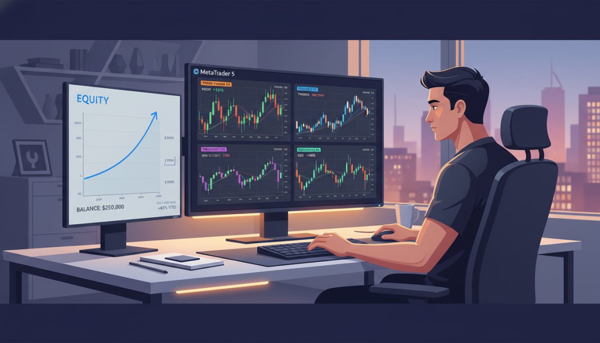A focused trader at a multi-monitor desktop workstation displaying MetaTrader 5 charts with active candlestick patterns and EA panels visible on screen, in a professional home office environment with warm desk lighting and a secondary screen showing account equity curves