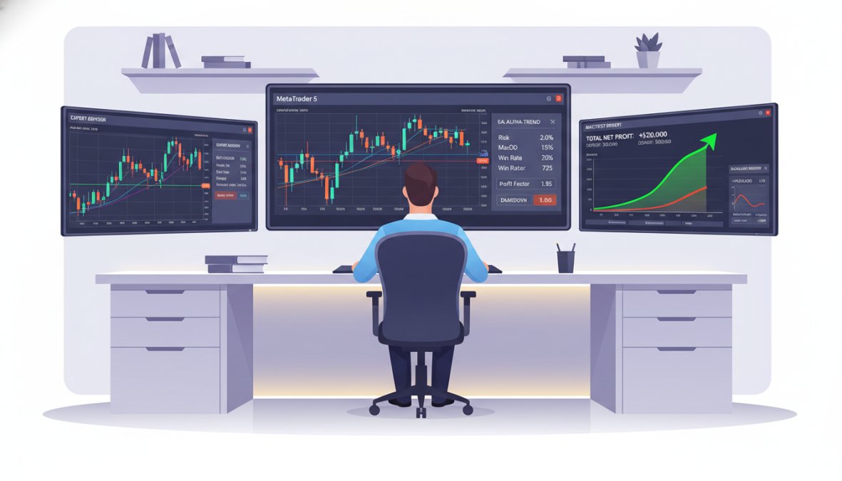 A focused trader at a multi-monitor desktop workstation displaying MetaTrader 5 charts with active candlestick patterns and EA panels visible on screen, in a professional home office environment with warm desk lighting and a secondary screen showing account equity curves
