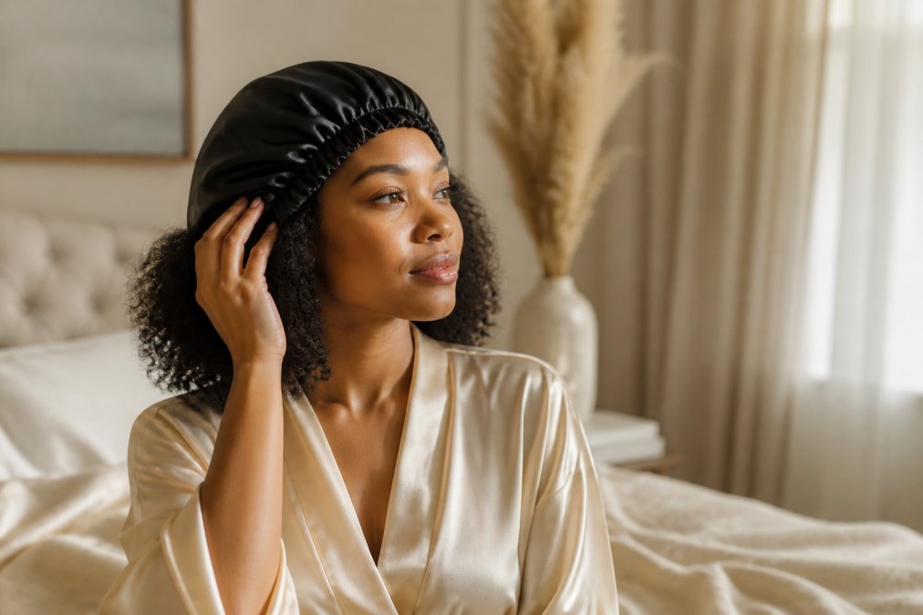 A woman with voluminous coily hair gently touching a dark, glossy silk bonnet in a bright, elegant bedroom with soft morning light streaming through sheer curtains
