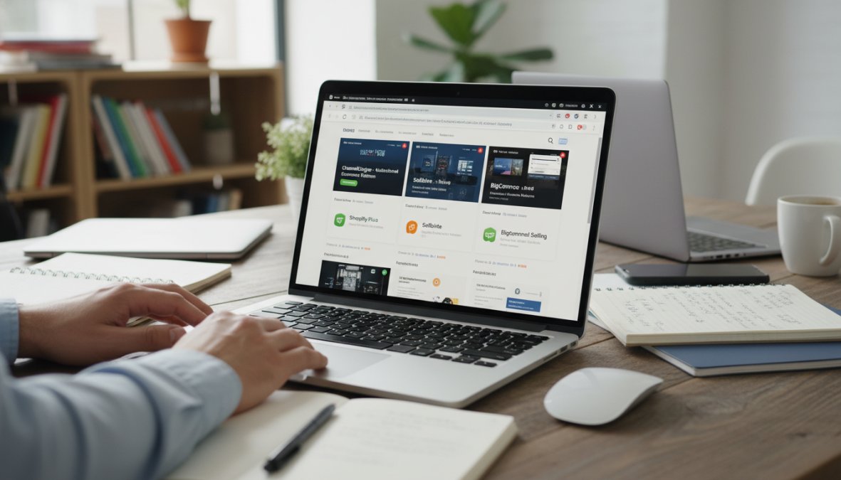 A small business owner sitting at a wooden desk with multiple browser tabs open on a laptop reviewing software dashboards, product packaging stacked nearby and a handwritten notebook open to one side, bright natural light coming through a window in a home office
