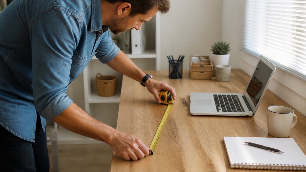 Person using a tape measure to check the width of a wooden desk in a bright home office near a laptop and coffee mug