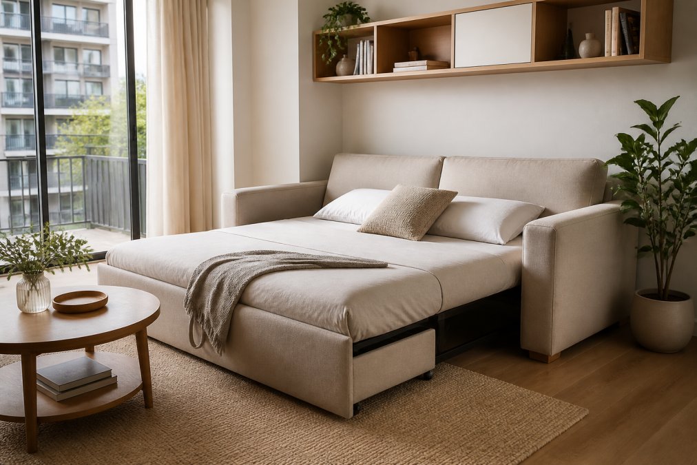 A bright, compact apartment living room in daylight with a contemporary sofa bed in a neutral linen tone, styled with a small coffee table and wall-mounted shelving