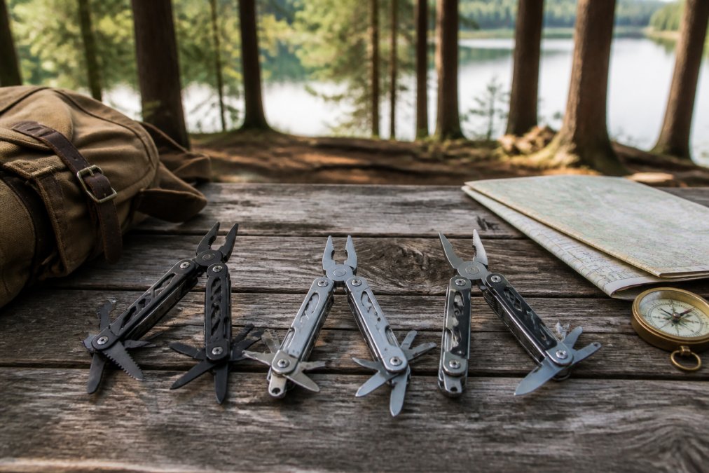 Comparison chart of the best multi-functional tools for camping 2026 laid out with gear on a wooden campsite table.