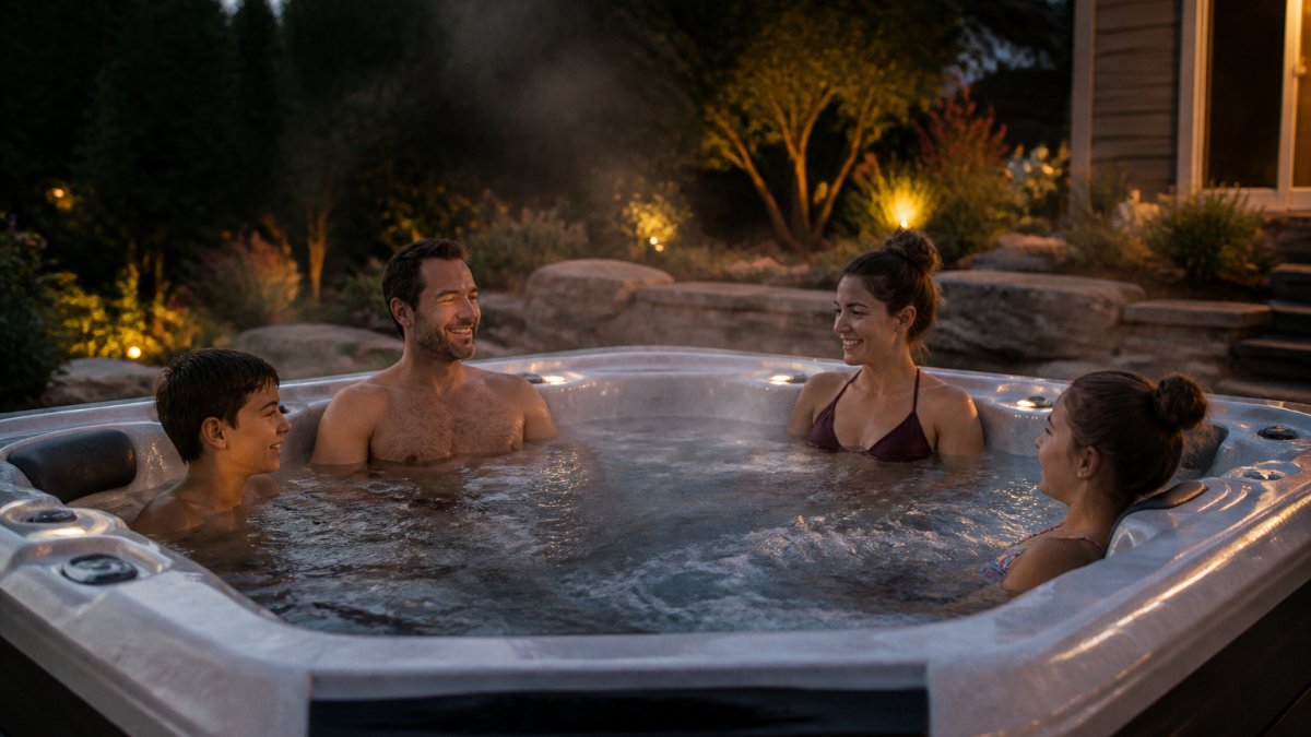 Diagram illustrating ergonomic seating layouts for a family of four inside a spacious outdoor hot tub