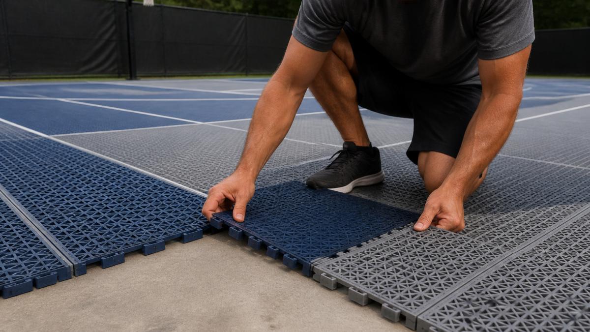 Professional installer snapping together interlocking modular sport tiles over a concrete base, showing the tongue-and-groove connection and drainage grooves visible between tiles
