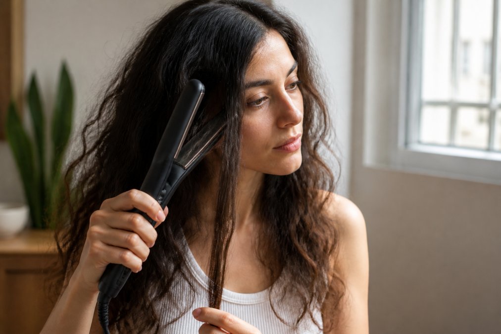 Woman with wavy, frizzy hair using the CHASKA Air Styler, the best multi-styler for frizz-prone hair, on a strand.