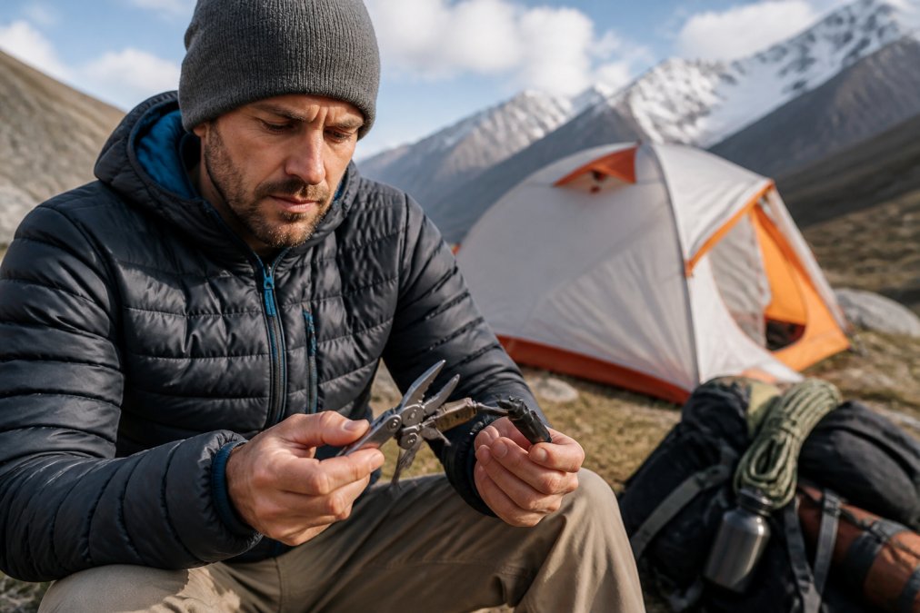 Experienced backpacker at high-altitude campsite examining Leatherman Signal multi-tool with ferrocerium rod and survival features in natural daylight, tent and mountains in background