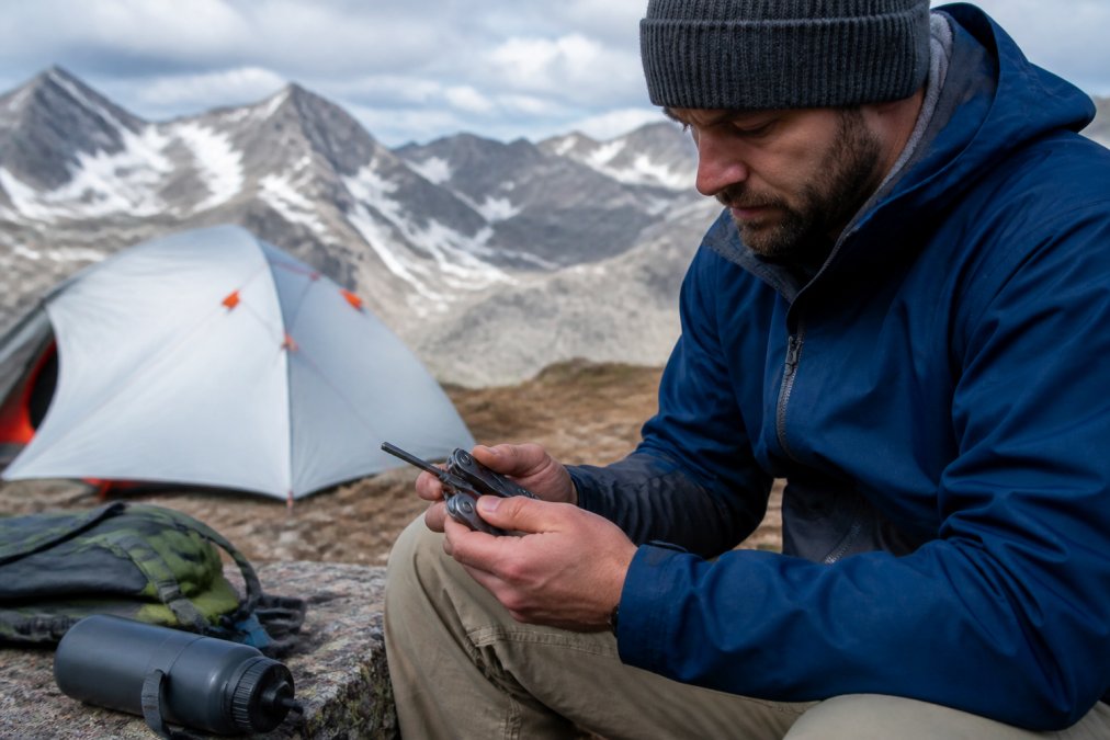 Feature overview showing Experienced, Leatherman Signal for multifunctional camping tools