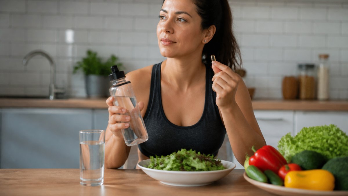 Person holding a water bottle and supplement capsule, sitting at a kitchen table with fresh vegetables and a glass of water, looking thoughtful about their wellness routine