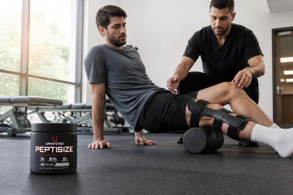 Athlete in physical therapy session performing controlled recovery exercises with professional guidance, modern clinic setting with natural light streaming through windows