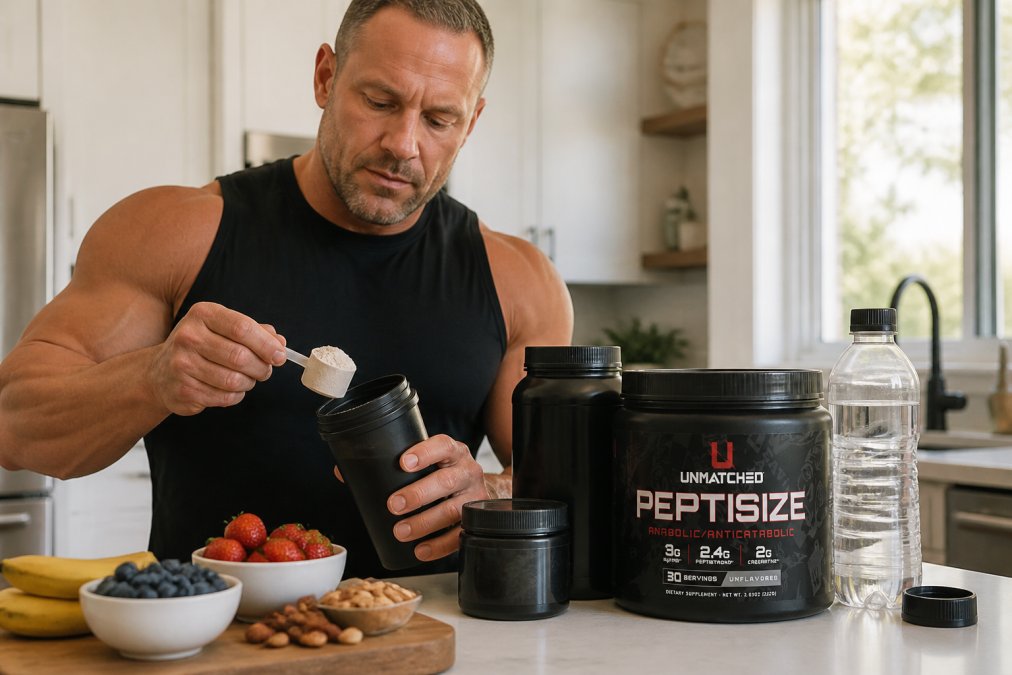 Close-up of protein powder scoops, supplement containers, and water bottle arranged on clean surface with fresh fruit and nuts nearby, natural daylight