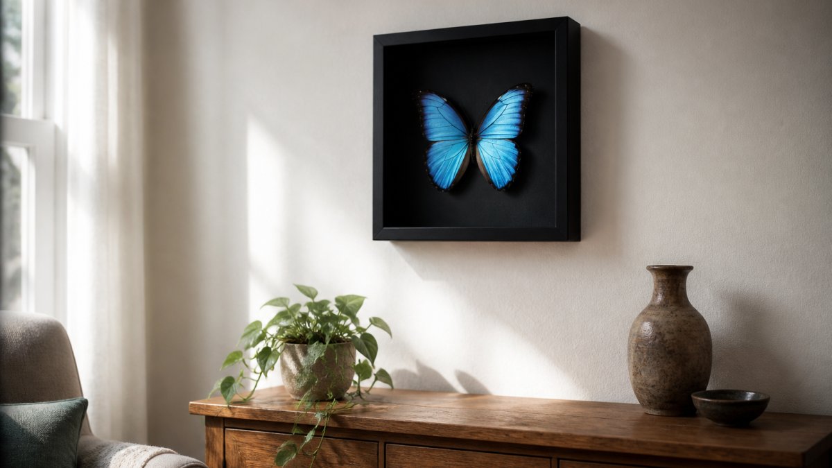 A sunlit living room wall with a single black shadow box frame containing a blue Morpho butterfly, hung at eye level above a wooden sideboard with a small plant and ceramic vase nearby