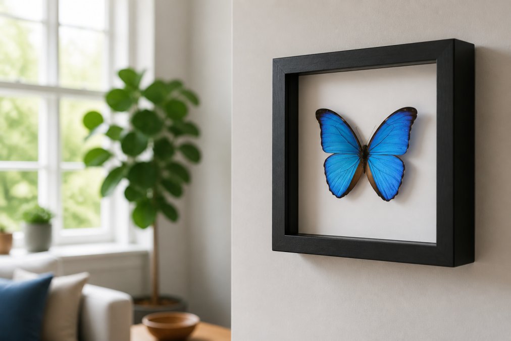 Close-up of a handcrafted black timber shadowbox frame holding a blue Morpho butterfly, mounted on an acid-free white backing board, hanging on a neutral wall in a bright living room with soft natural light