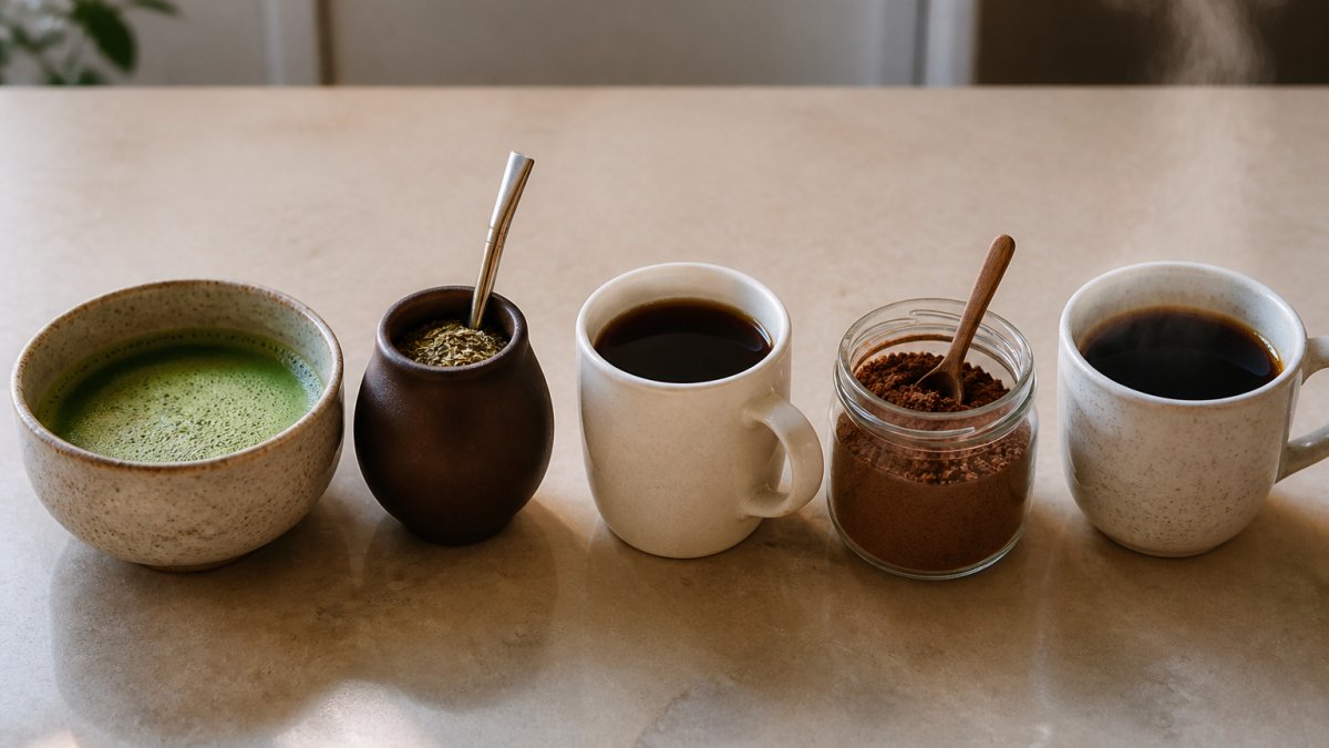 Overhead shot of a kitchen counter with a matcha bowl, a bag of yerba mate, a mug of chicory brew, a jar of cacao powder, and a steaming cup of dark coffee arranged side by side