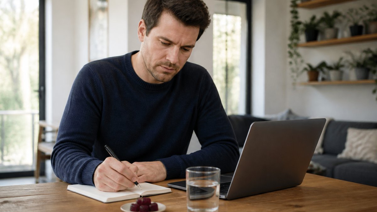Professional at desk appearing focused and alert while working on laptop with mushroom gummies and water nearby