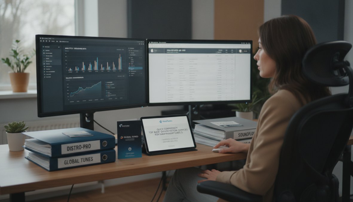 Label manager reviewing analytics dashboards and release schedules across multiple monitors in a professional music production studio office