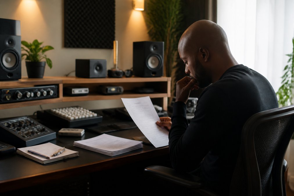 Label manager reviewing detailed royalty reports and analytics on a computer screen in a professional home studio setup with multiple monitors displaying payment tracking and financial dashboards